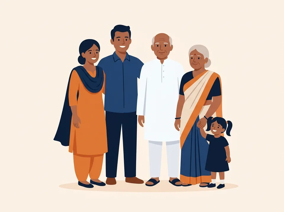 An Indian family standing together: a young couple, an elderly father and mother, and a small girl holding her grandmother's hand