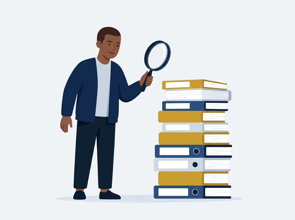 A person holding a large magnifying glass up to a tall stack of plain folders