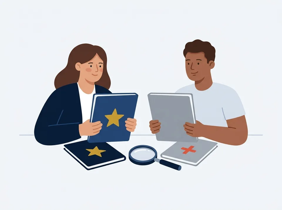 Two people at a table comparing two folders, one marked with a gold star and one with a red cross, a magnifying glass between them