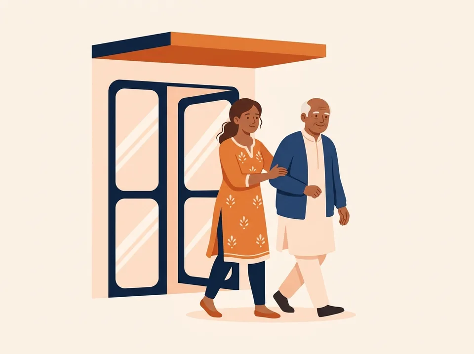 An Indian woman helping her elderly father walk out of a hospital