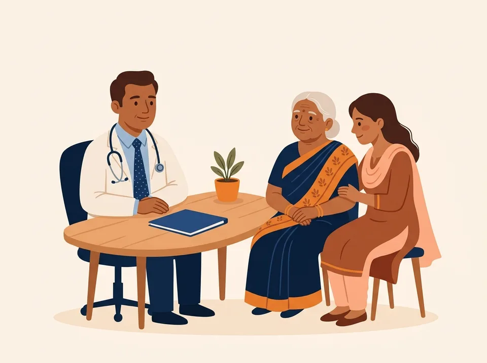 An Indian doctor at his clinic desk listening to an elderly patient and her daughter