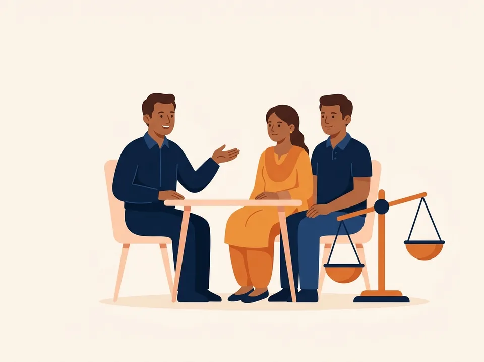 An insurance agent explaining a policy to a young couple, beside a balance scale